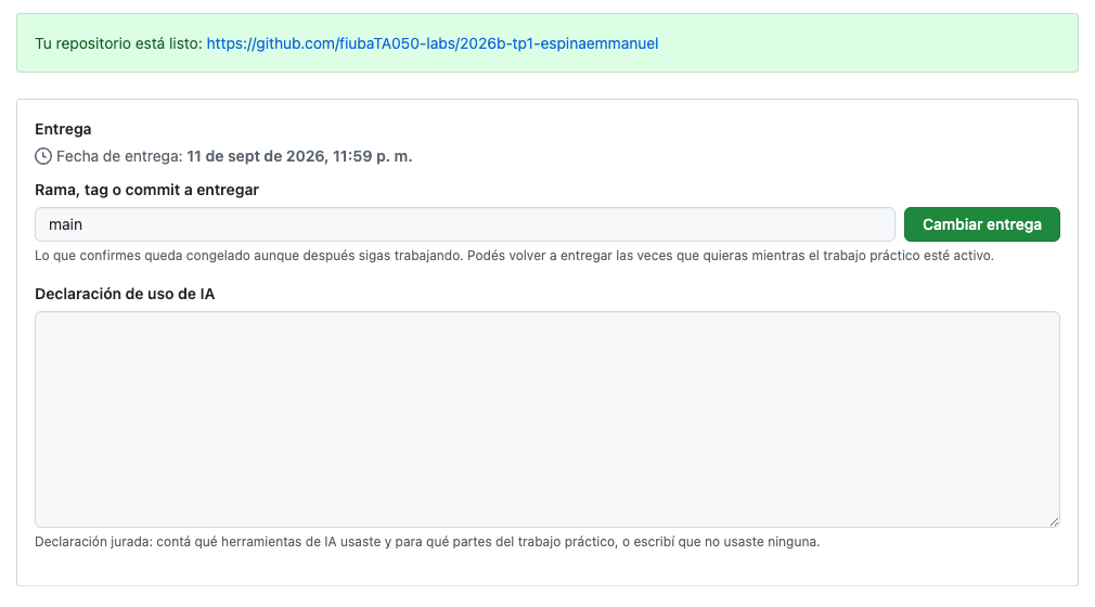 Sección Entrega de FIUBA Classroom, debajo del aviso con el link al repositorio creado: muestra la fecha de entrega, el campo para indicar la rama, tag o commit a entregar, el botón Cambiar entrega y el campo de la declaración de uso de IA.